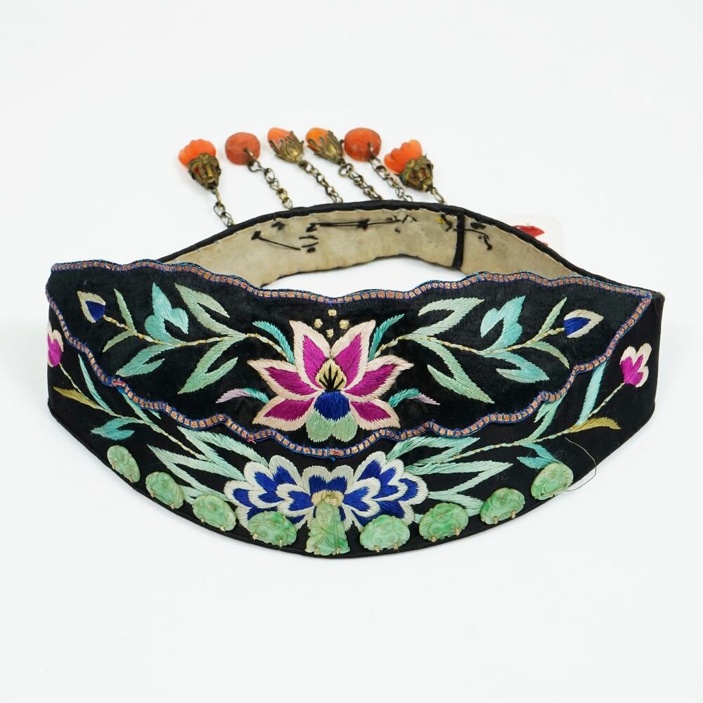 Antique Chinese Miao Child's Hat Silk Embroidered Carved Ornaments Coral Beads